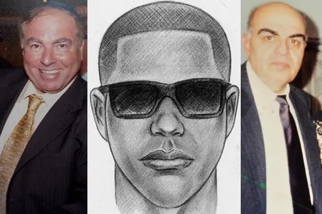 A police sketch of the suspect from last summer, flanked by victims Isaac Kadare and Rahmatolla Vahidipour